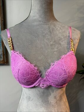 Victoria's Secret Fuchsia Pink Lace Push-Up Bra with Gold Chain Straps 34B